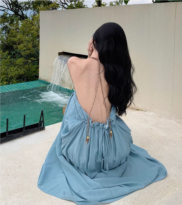 New ashion Light Blue Sleeved Backless Beach Halter Dress TP2974