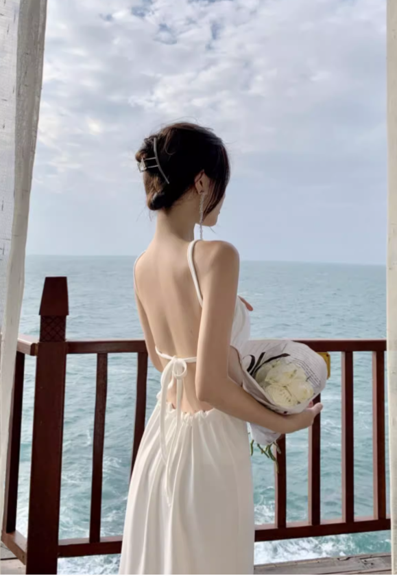 New Stylish White Sleeveless Backless Beach Spaghetti Strap Dress TP2971