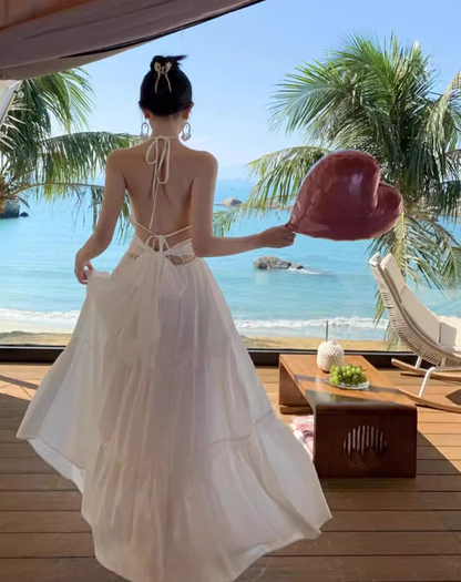 New Stylish White Sleeveless Backless Beach Casual Halter Dress TP2970