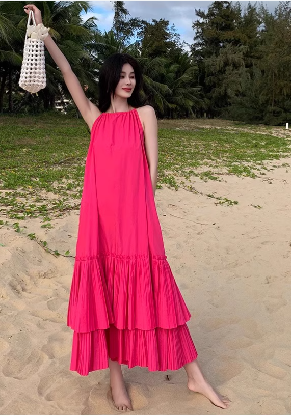 New Fashion Rose Pink Beach Holiday Loose Halter Dress TP2997