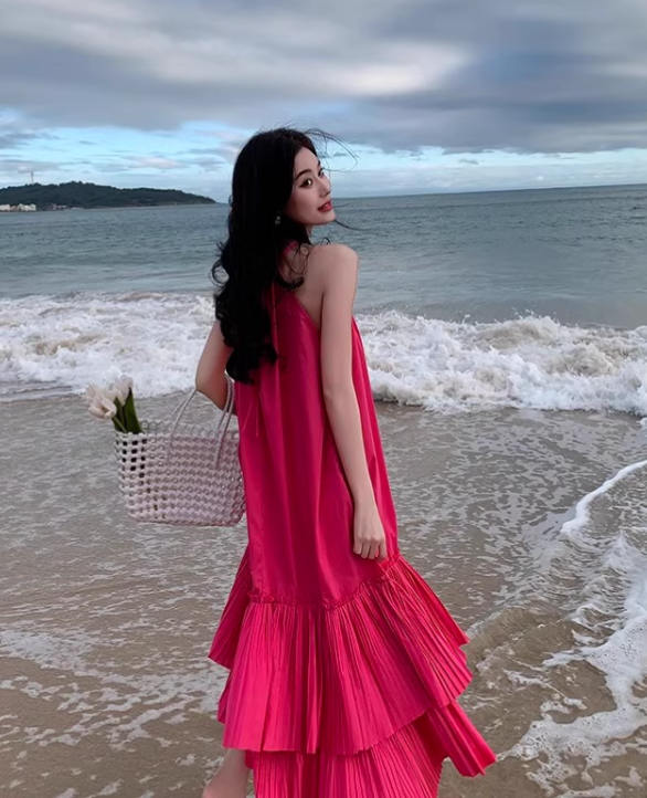 New Fashion Rose Pink Beach Holiday Loose Halter Dress TP2997