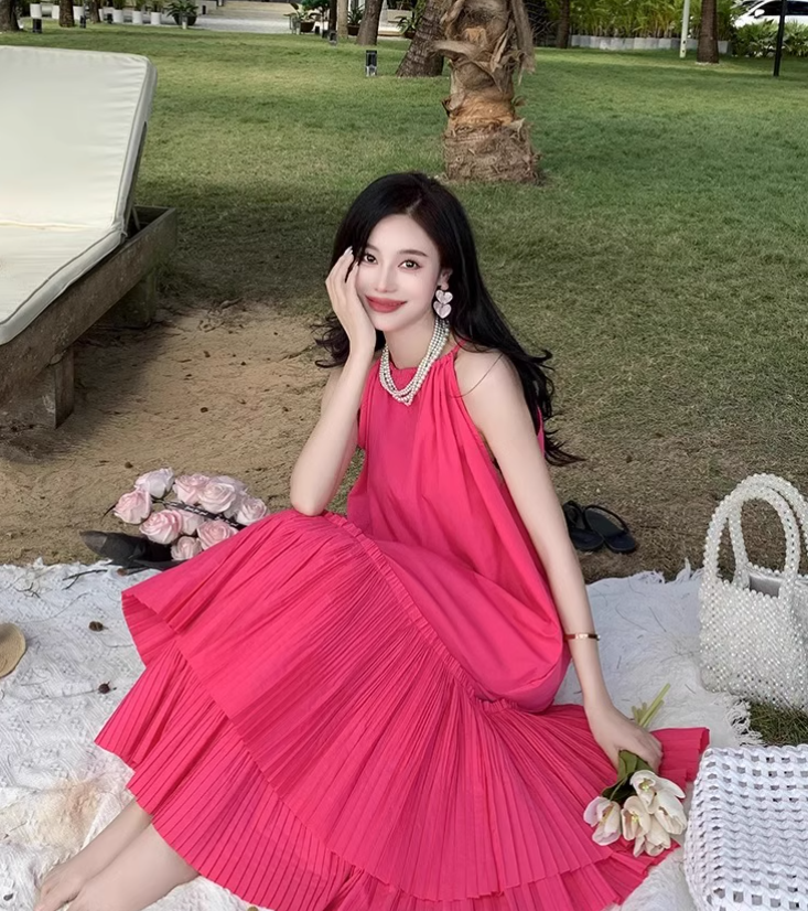 New Fashion Rose Pink Beach Holiday Loose Halter Dress TP2997