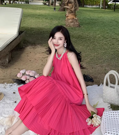 New Fashion Rose Pink Beach Holiday Loose Halter Dress TP2997