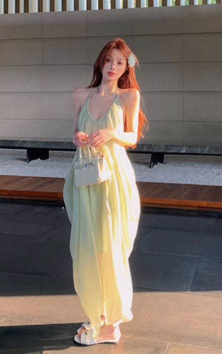 New Fashion Light Green Beach Holiday Casual Loose Halter Dress TP2998