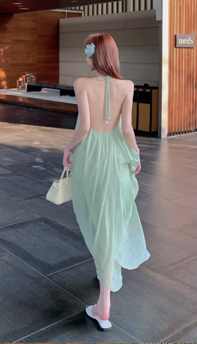 New Fashion Light Green Beach Holiday Casual Loose Halter Dress TP2998