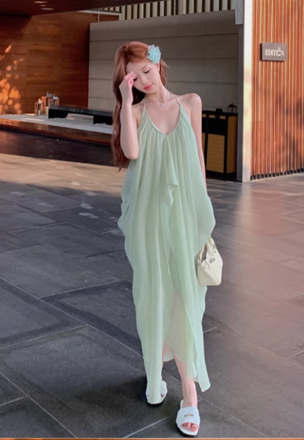 New Fashion Light Green Beach Holiday Casual Loose Halter Dress TP2998
