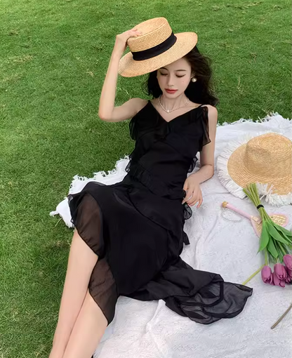 New Fashion Elegant Ruffled Dress Design Spaghetti Strap Dress TP3002