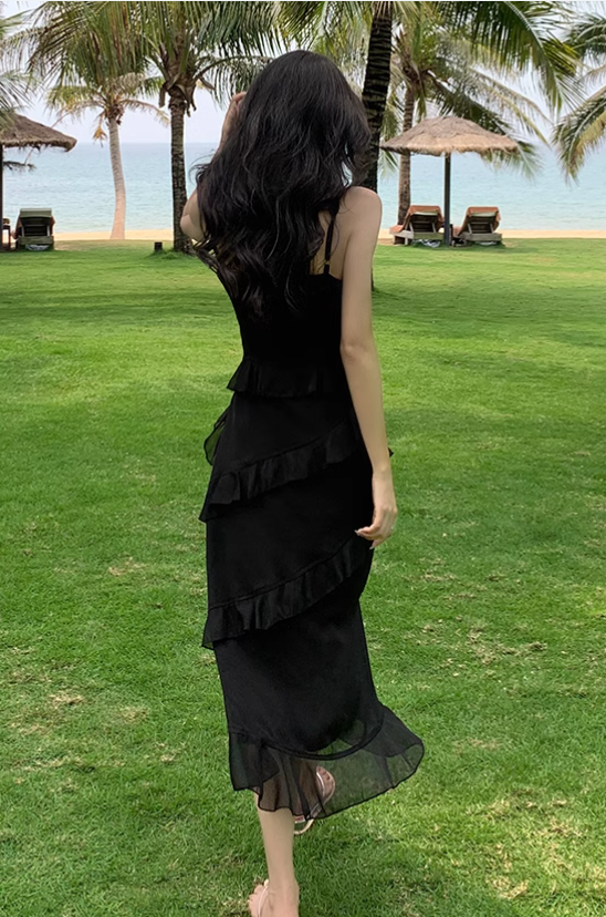 New Fashion Elegant Ruffled Dress Design Spaghetti Strap Dress TP3002