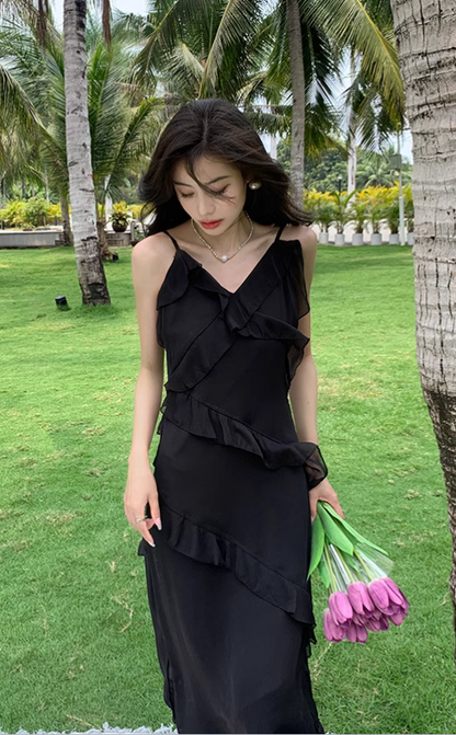 New Fashion Elegant Ruffled Dress Design Spaghetti Strap Dress TP3002