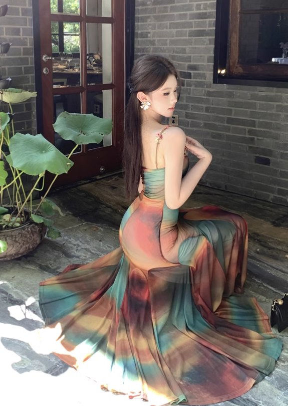 New Fashion Elegant Colorful Design Mermaid Spaghetti Strap Dress TP3004