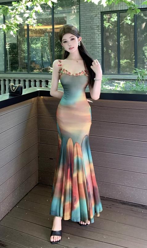 New Fashion Elegant Colorful Design Mermaid Spaghetti Strap Dress TP3004