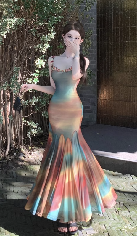 New Fashion Elegant Colorful Design Mermaid Spaghetti Strap Dress TP3004