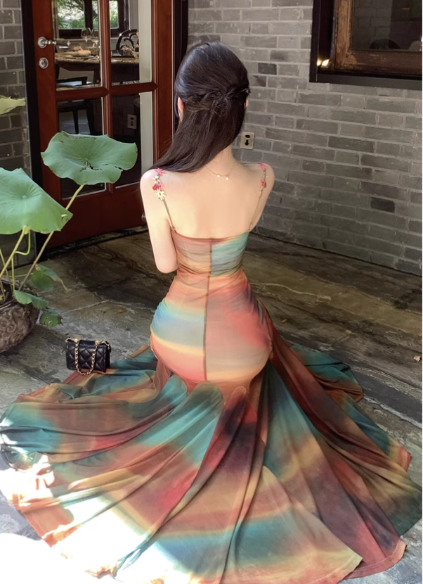 New Fashion Elegant Colorful Design Mermaid Spaghetti Strap Dress TP3004
