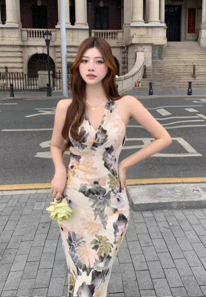 Stylish Elegant V-neck Floral Design Slim Halter Dress TP3005