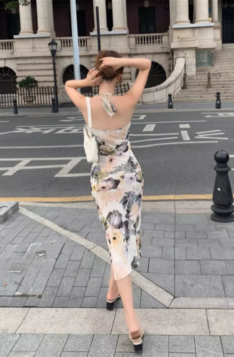 Stylish Elegant V-neck Floral Design Slim Halter Dress TP3005