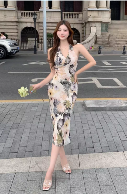 Stylish Elegant V-neck Floral Design Slim Halter Dress TP3005
