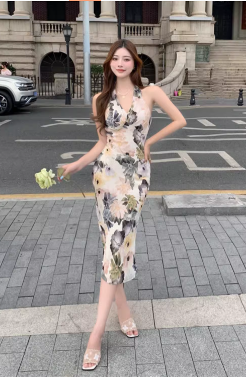 Stylish Elegant V-neck Floral Design Slim Halter Dress TP3005