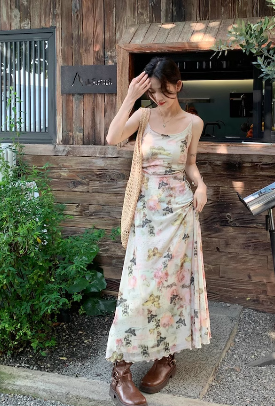New Stylish Elegant Floral Design Spaghetti Strap Dress TP3006