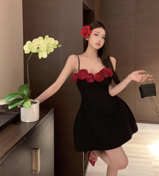 Stylish Sexy Rose Flower Design Spaghetti Strap Dress TP3007