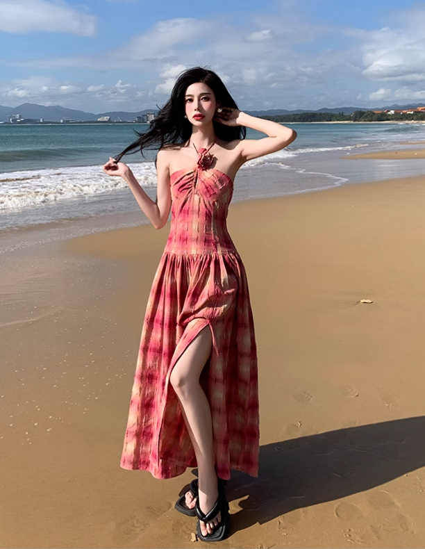 New Fashion Design Beach Casual Split Spaghetti Strap Dress TP3008