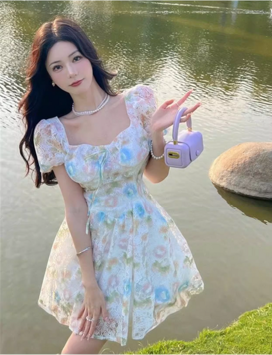 New Fashion Floral Design Lace Short Sleeve Puffy Dress TP3010