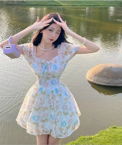 New Fashion Floral Design Lace Short Sleeve Puffy Dress TP3010