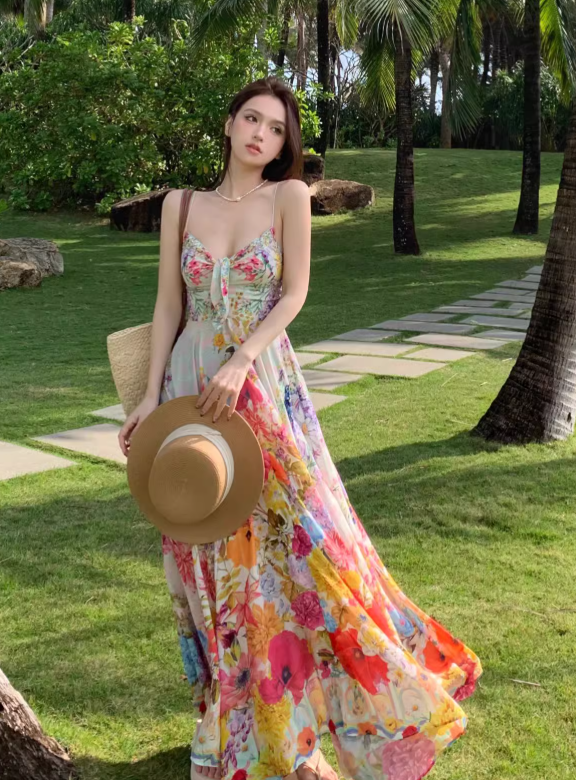 New Stylish Floral Design Beach Holiday Spaghetti Strap  Dress TP3011