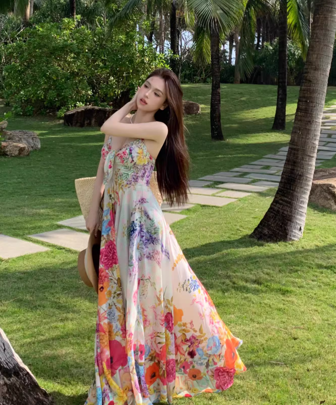 New Stylish Floral Design Beach Holiday Spaghetti Strap  Dress TP3011