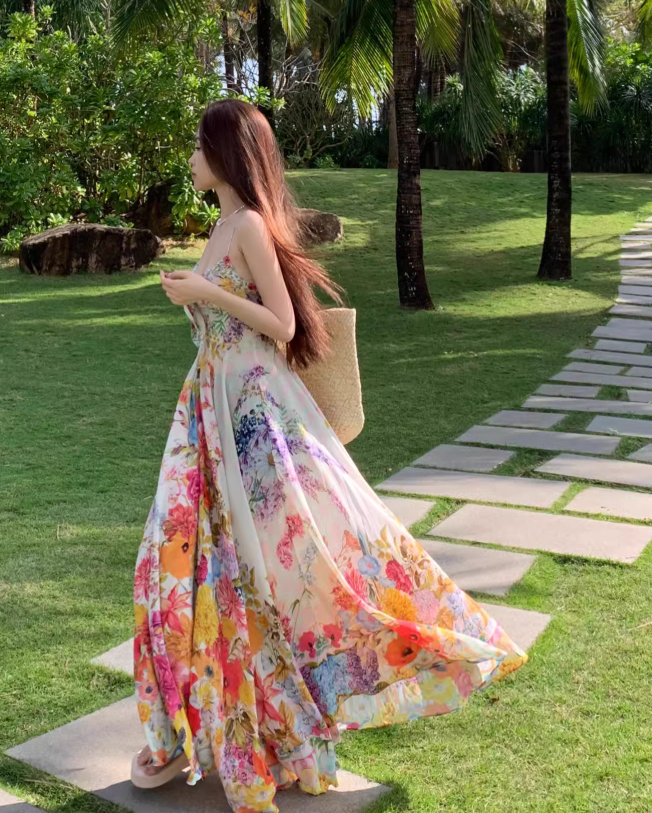 New Stylish Floral Design Beach Holiday Spaghetti Strap  Dress TP3011