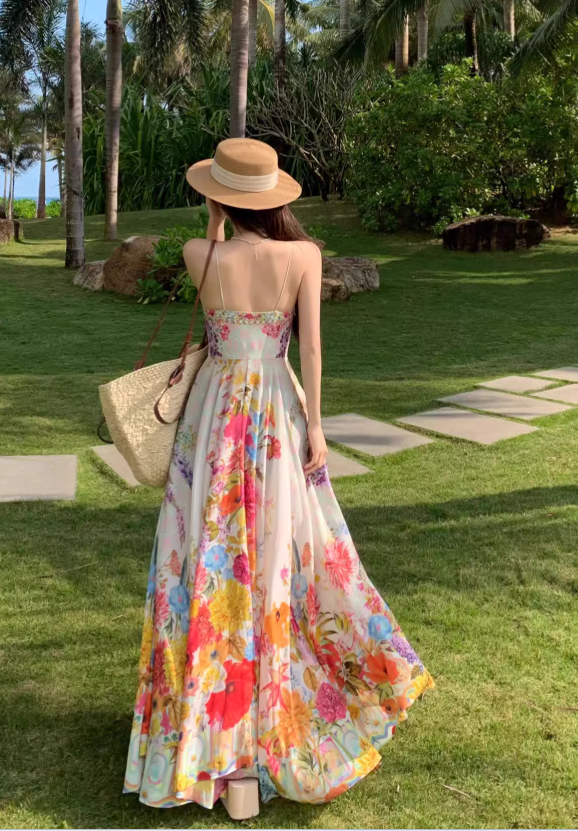 New Stylish Floral Design Beach Holiday Spaghetti Strap  Dress TP3011
