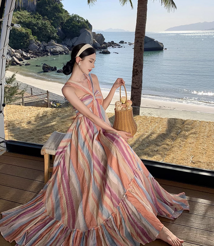 New Rainbow Stripe Design Beach Holiday Casual Halter Dress TP3012