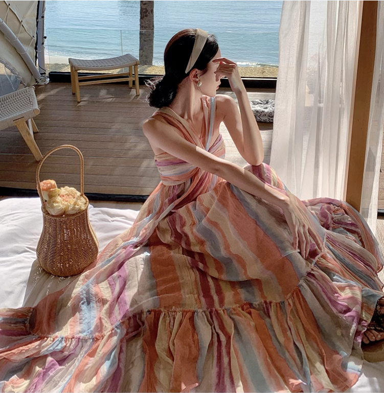 New Rainbow Stripe Design Beach Holiday Casual Halter Dress TP3012