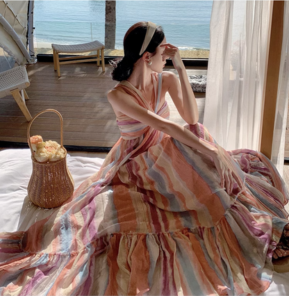New Rainbow Stripe Design Beach Holiday Casual Halter Dress TP3012