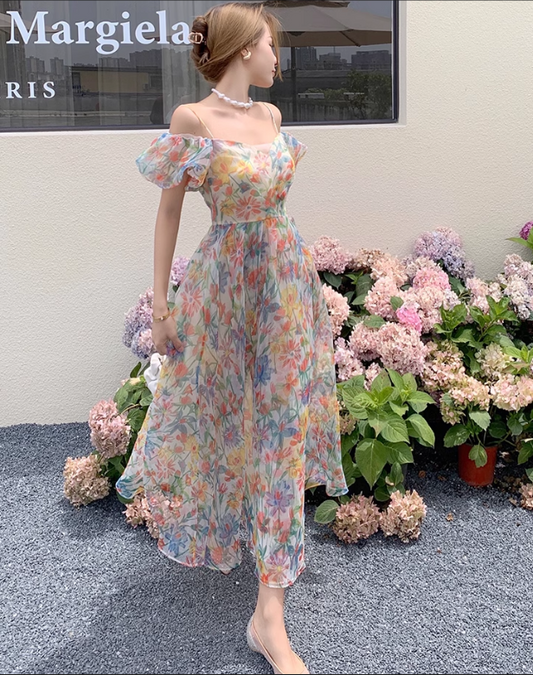 New Elegant Floral Design Puff Sleeves Princess Style Spaghetti Strap Dress TP3020