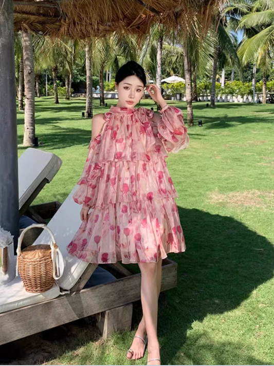 New Fashion Pink Floral Design Long Sleeves Off-the-shoulder A-Line Halter Dress TP3025