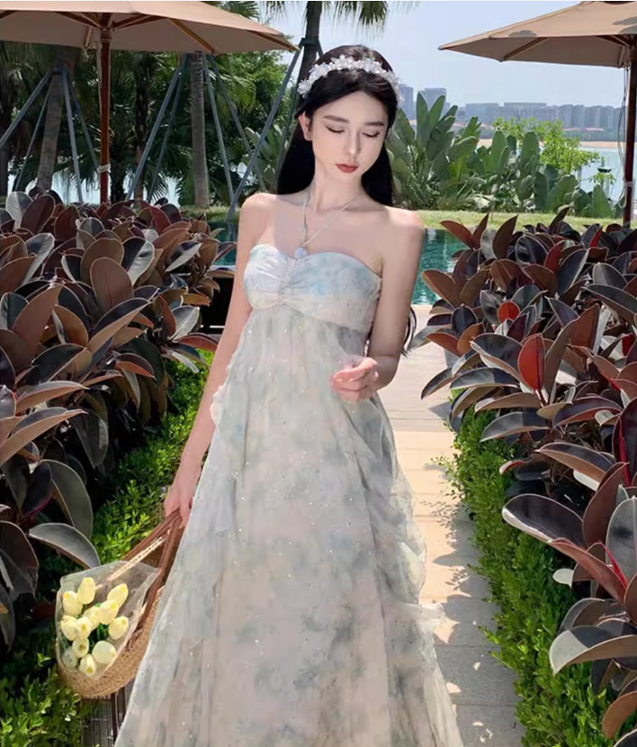 Simple Floral Design A-Line Chiffon Beach Holiday Halter Dress TP3029
