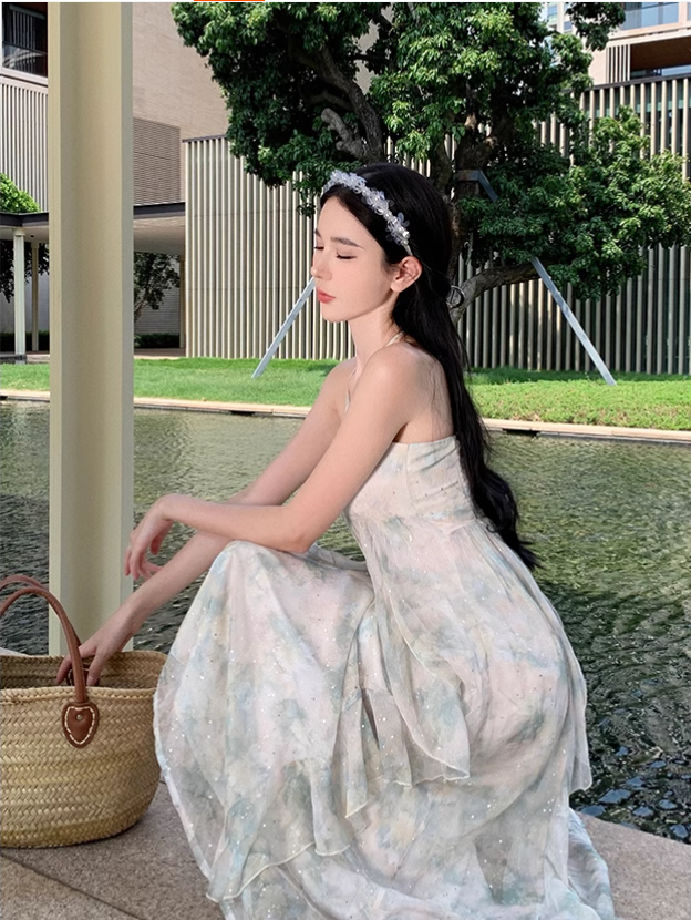 Simple Floral Design A-Line Chiffon Beach Holiday Halter Dress TP3029