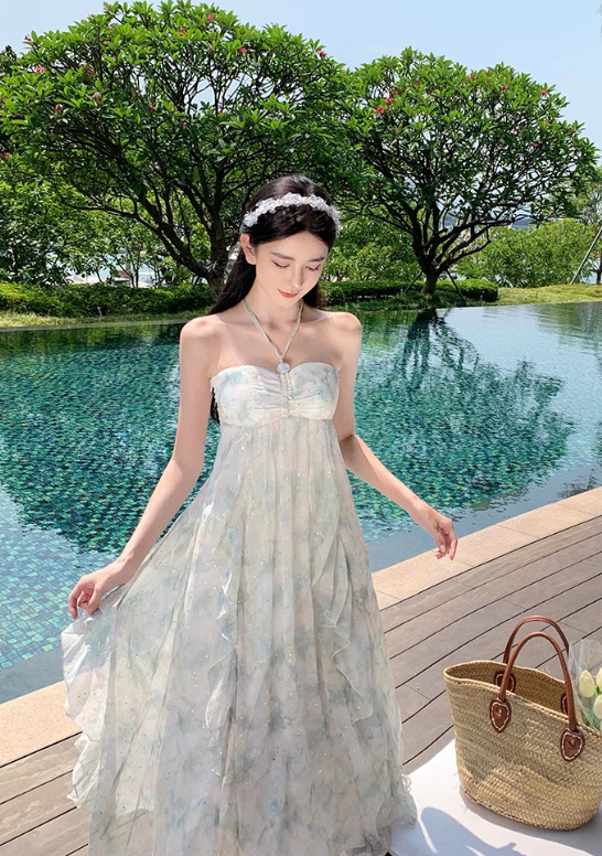 Simple Floral Design A-Line Chiffon Beach Holiday Halter Dress TP3029