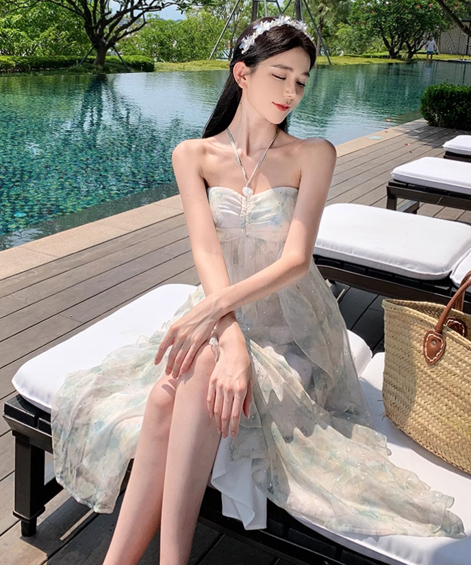 Simple Floral Design A-Line Chiffon Beach Holiday Halter Dress TP3029