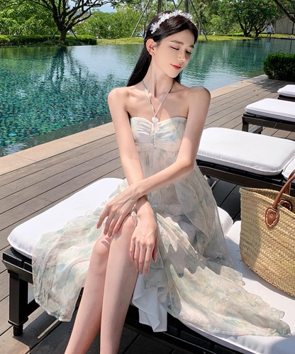 Simple Floral Design A-Line Chiffon Beach Holiday Halter Dress TP3029
