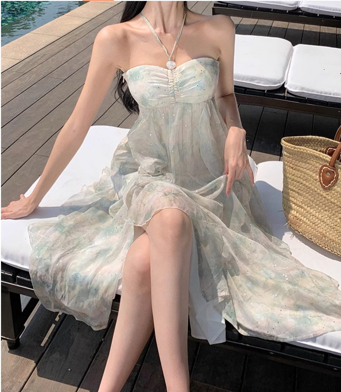 Simple Floral Design A-Line Chiffon Beach Holiday Halter Dress TP3029