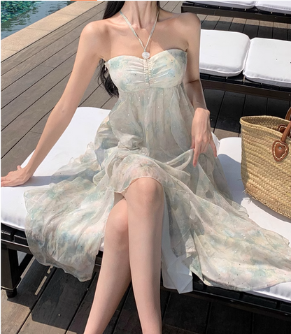 Simple Floral Design A-Line Chiffon Beach Holiday Halter Dress TP3029