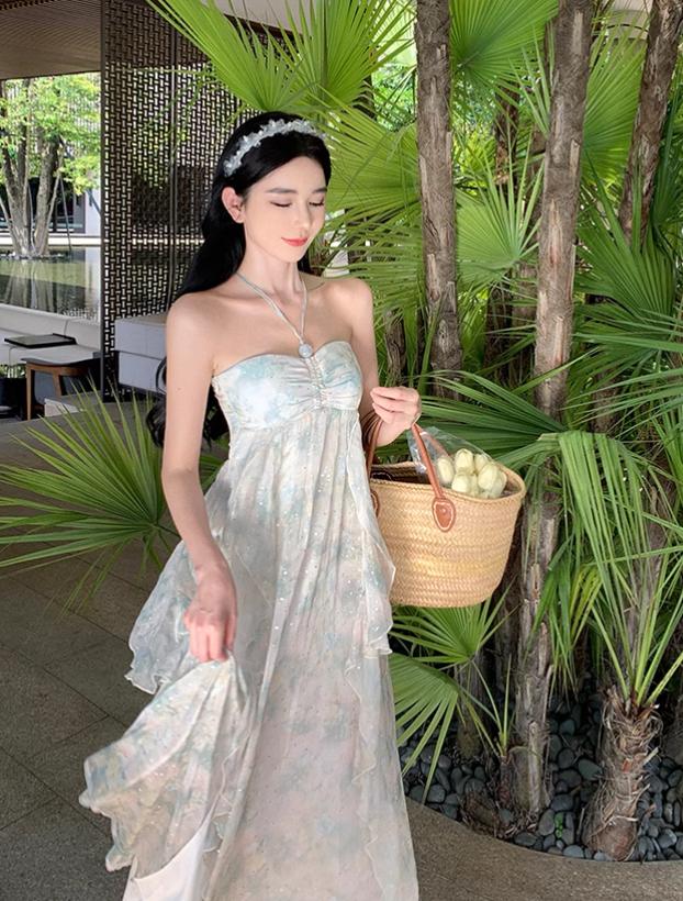 Simple Floral Design A-Line Chiffon Beach Holiday Halter Dress TP3029