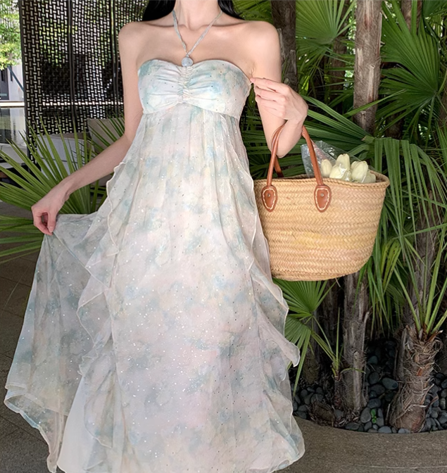 Simple Floral Design A-Line Chiffon Beach Holiday Halter Dress TP3029