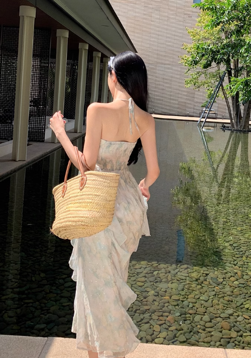 Simple Floral Design A-Line Chiffon Beach Holiday Halter Dress TP3029