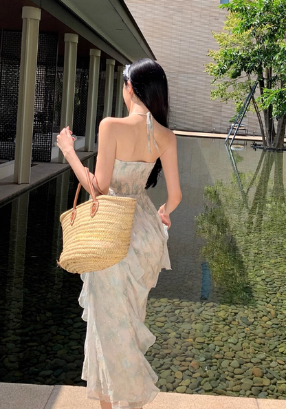 Simple Floral Design A-Line Chiffon Beach Holiday Halter Dress TP3029