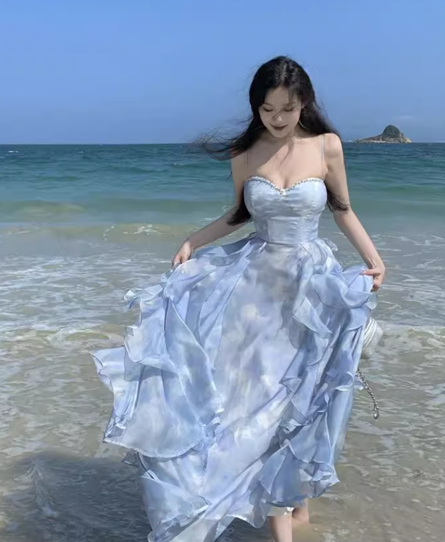 Simple Floral Design A-Line Chiffon Beach Holiday Halter Dress TP3030