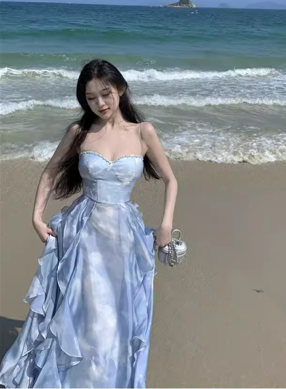 Simple Floral Design A-Line Chiffon Beach Holiday Halter Dress TP3030