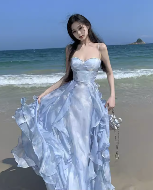 Simple Floral Design A-Line Chiffon Beach Holiday Halter Dress TP3030