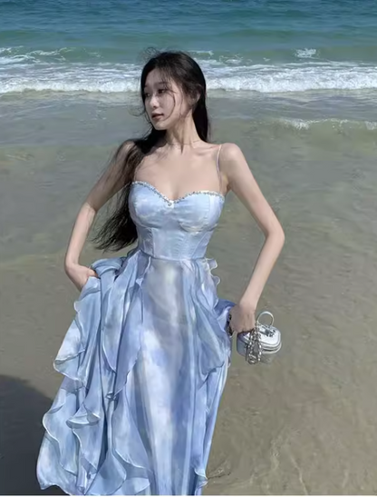 Simple Floral Design A-Line Chiffon Beach Holiday Halter Dress TP3030